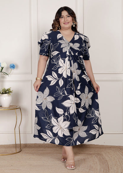 Miravan Womens Plus Size Blue Flower Printed Puff Sleeve Pure Cotton Fit V Neck Butterfly Middi Dress