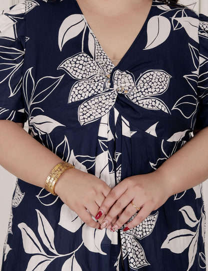 Miravan Womens Plus Size Blue Flower Printed Puff Sleeve Pure Cotton Fit V Neck Butterfly Middi Dress