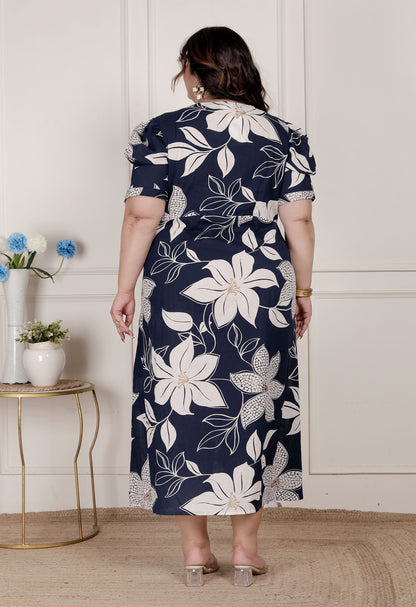 Miravan Womens Plus Size Blue Flower Printed Puff Sleeve Pure Cotton Fit V Neck Butterfly Middi Dress