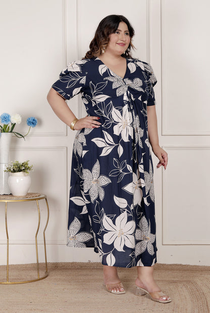 Miravan Womens Plus Size Blue Flower Printed Puff Sleeve Pure Cotton Fit V Neck Butterfly Middi Dress
