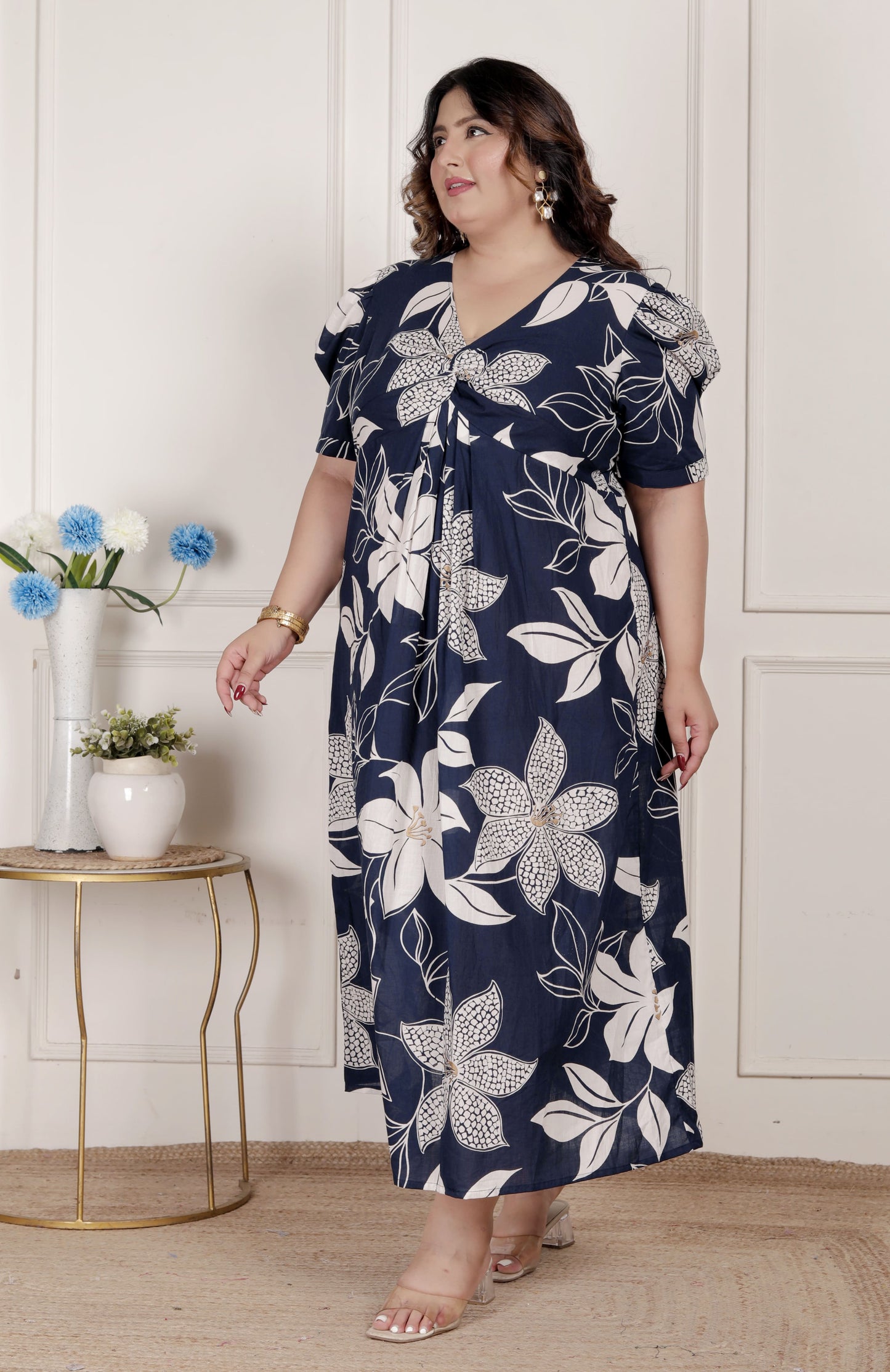 Miravan Womens Plus Size Blue Flower Printed Puff Sleeve Pure Cotton Fit V Neck Butterfly Middi Dress