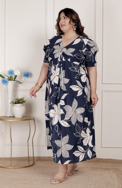Miravan Womens Plus Size Blue Flower Printed Puff Sleeve Pure Cotton Fit V Neck Butterfly Middi Dress