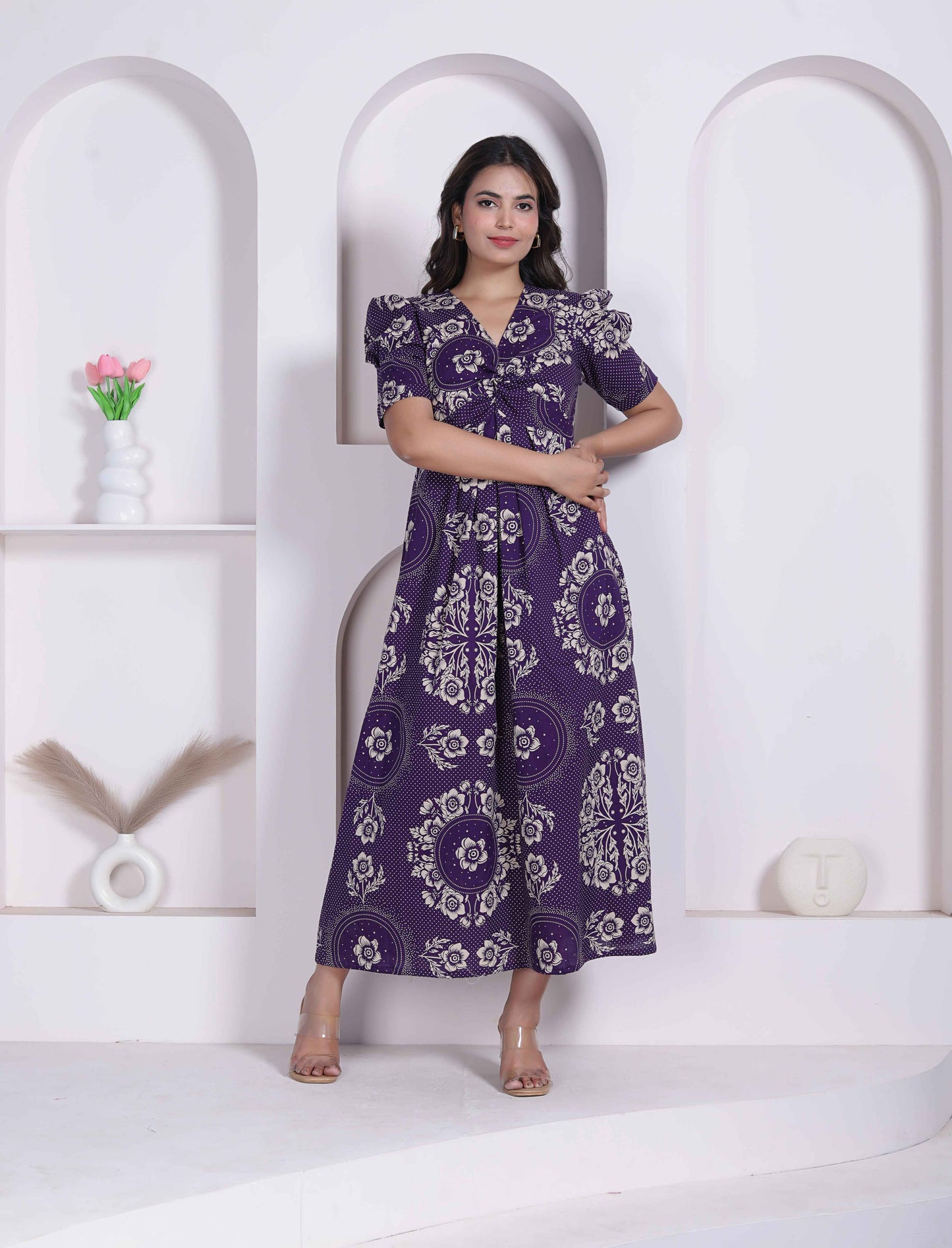 Miravan Womens Floral Printed Cotton Butterfly Maxi  Dress