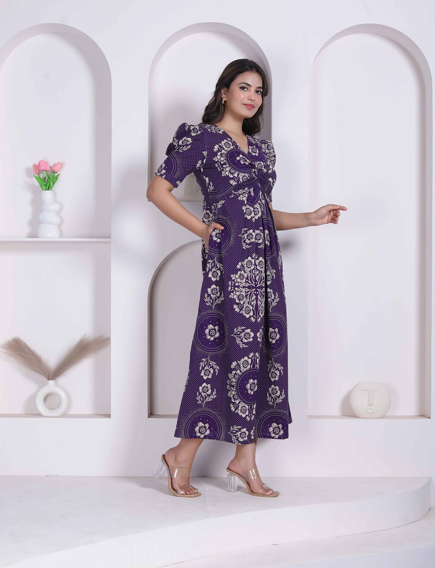 Miravan Womens Floral Printed Cotton Butterfly Maxi  Dress