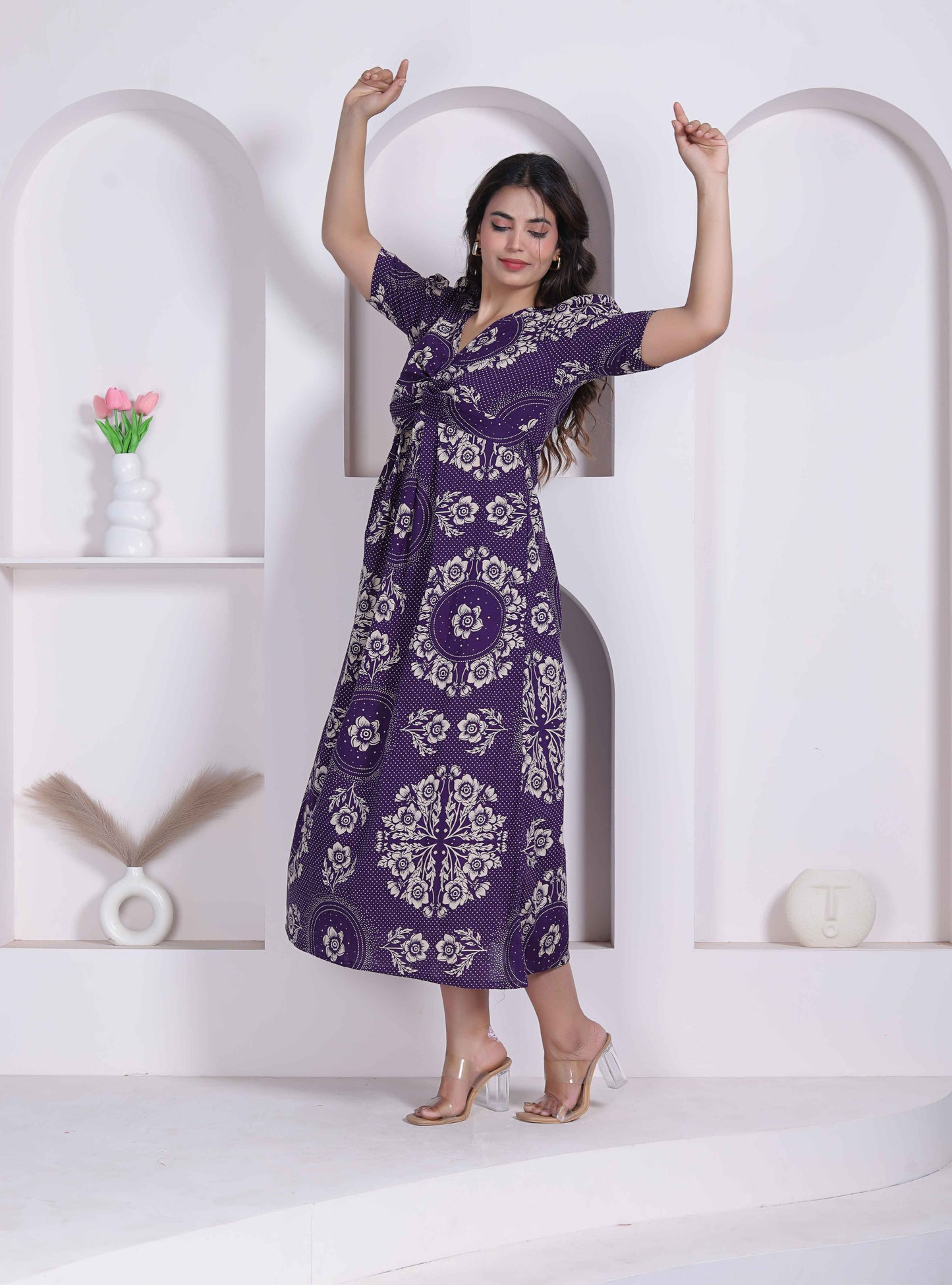 Miravan Womens Floral Printed Cotton Butterfly Maxi  Dress