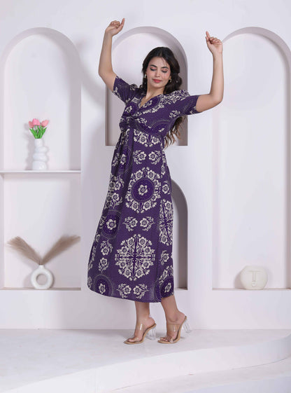 Miravan Womens Floral Printed Cotton Butterfly Maxi  Dress