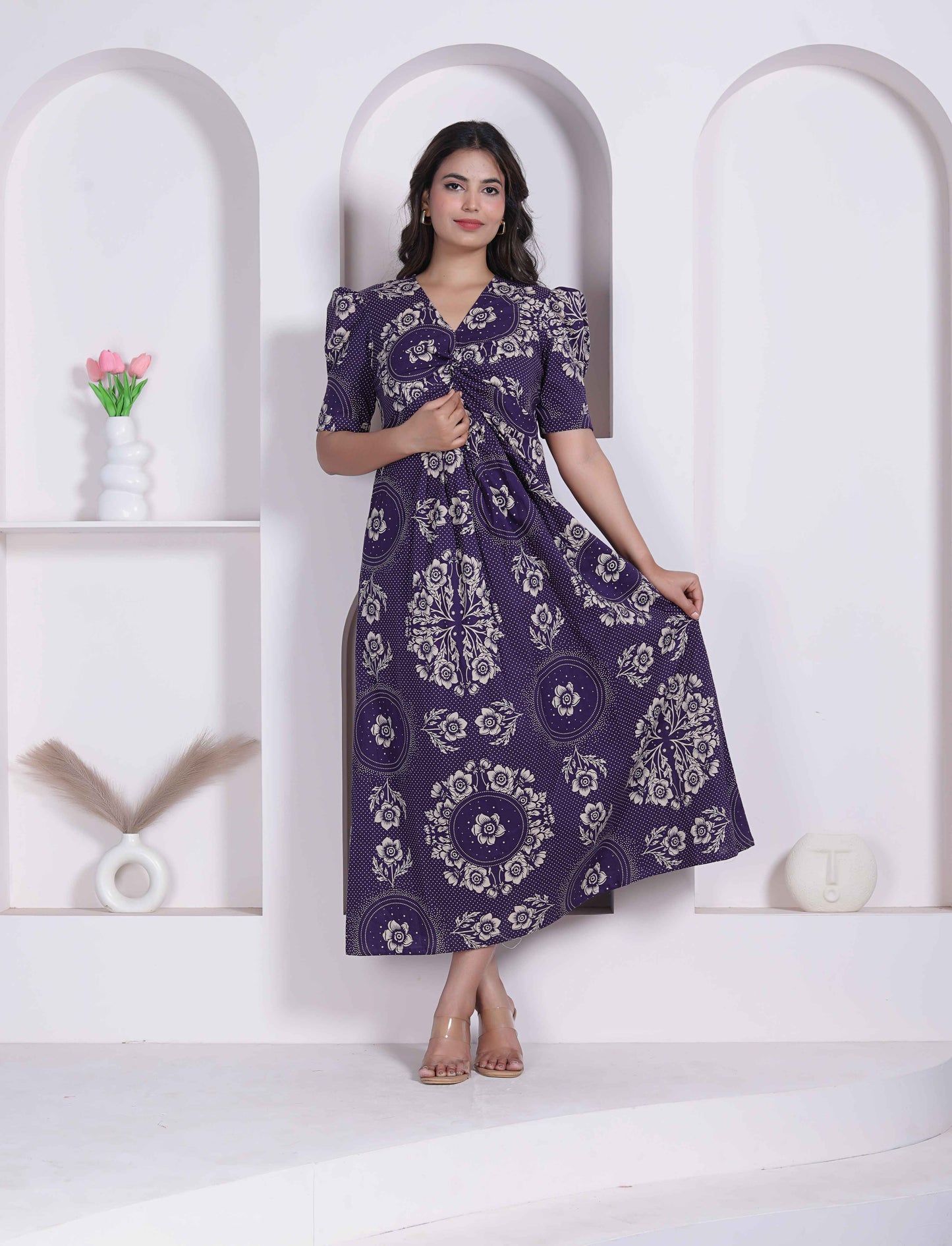 Miravan Womens Floral Printed Cotton Butterfly Maxi  Dress