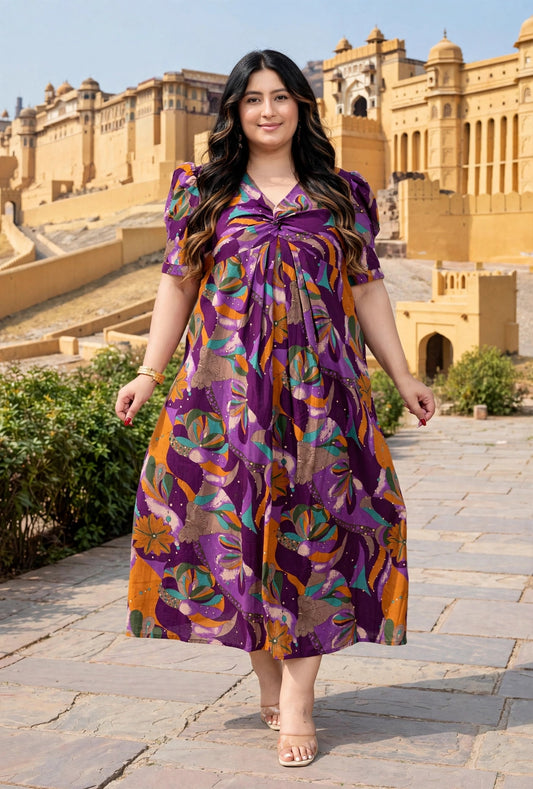 Miravan Womens Plus Size Floral Print Puff Sleeve Pure Cotton Fit Flare Magenta Butterfly Maxi Dress
