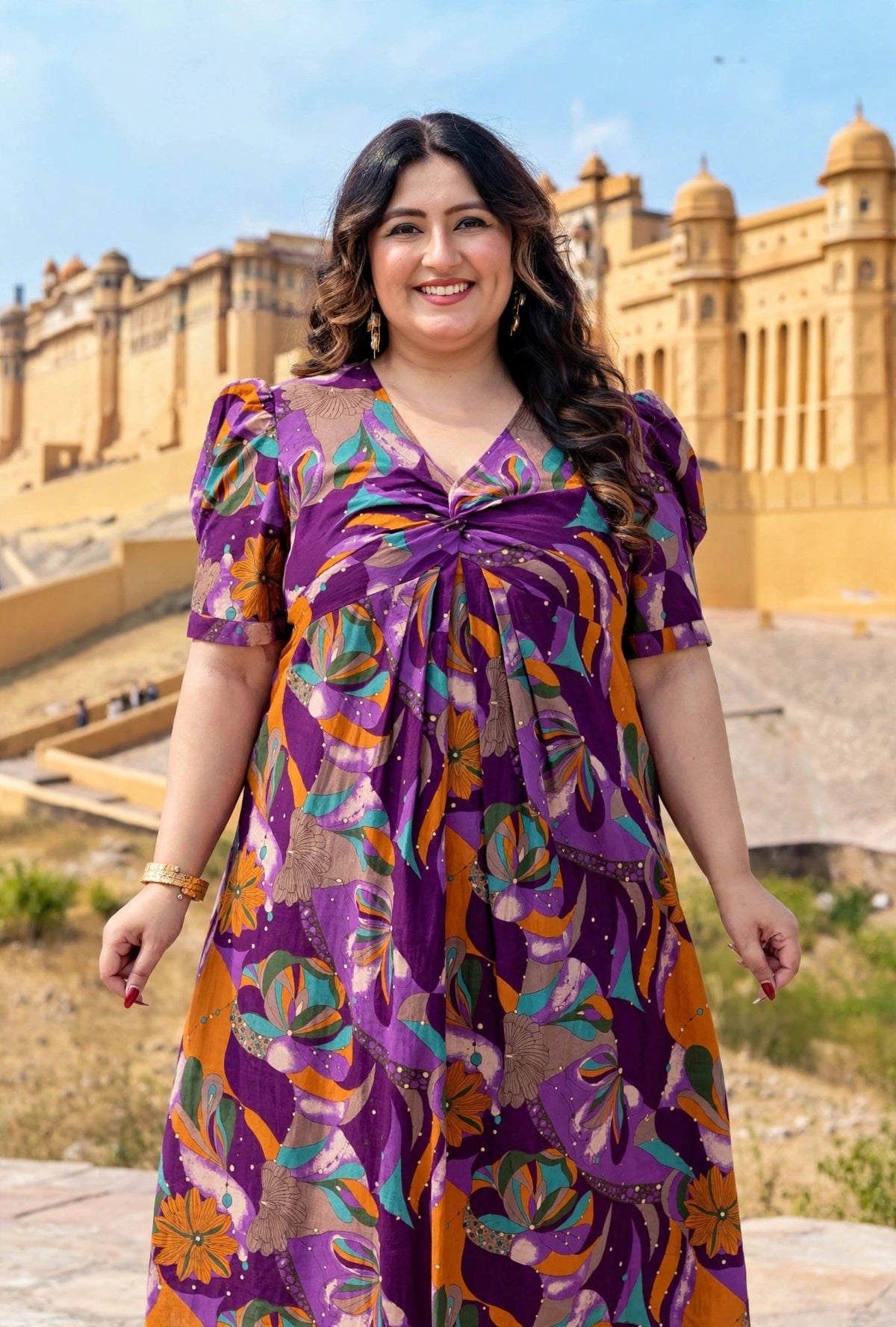 Miravan Womens Plus Size Floral Print Puff Sleeve Pure Cotton Fit Flare Magenta Butterfly Maxi Dress