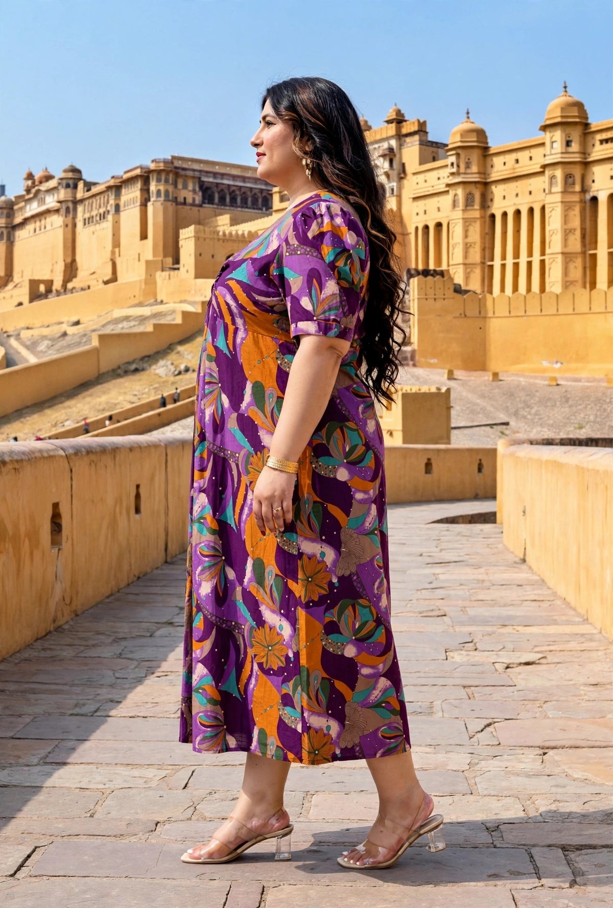 Miravan Womens Plus Size Floral Print Puff Sleeve Pure Cotton Fit Flare Magenta Butterfly Maxi Dress