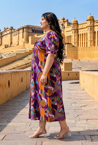 Miravan Womens Plus Size Floral Print Puff Sleeve Pure Cotton Fit Flare Magenta Butterfly Maxi Dress