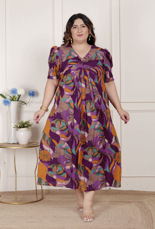 Miravan Womens Plus Size Floral Print Puff Sleeve Pure Cotton Fit Flare Magenta Butterfly Maxi Dress