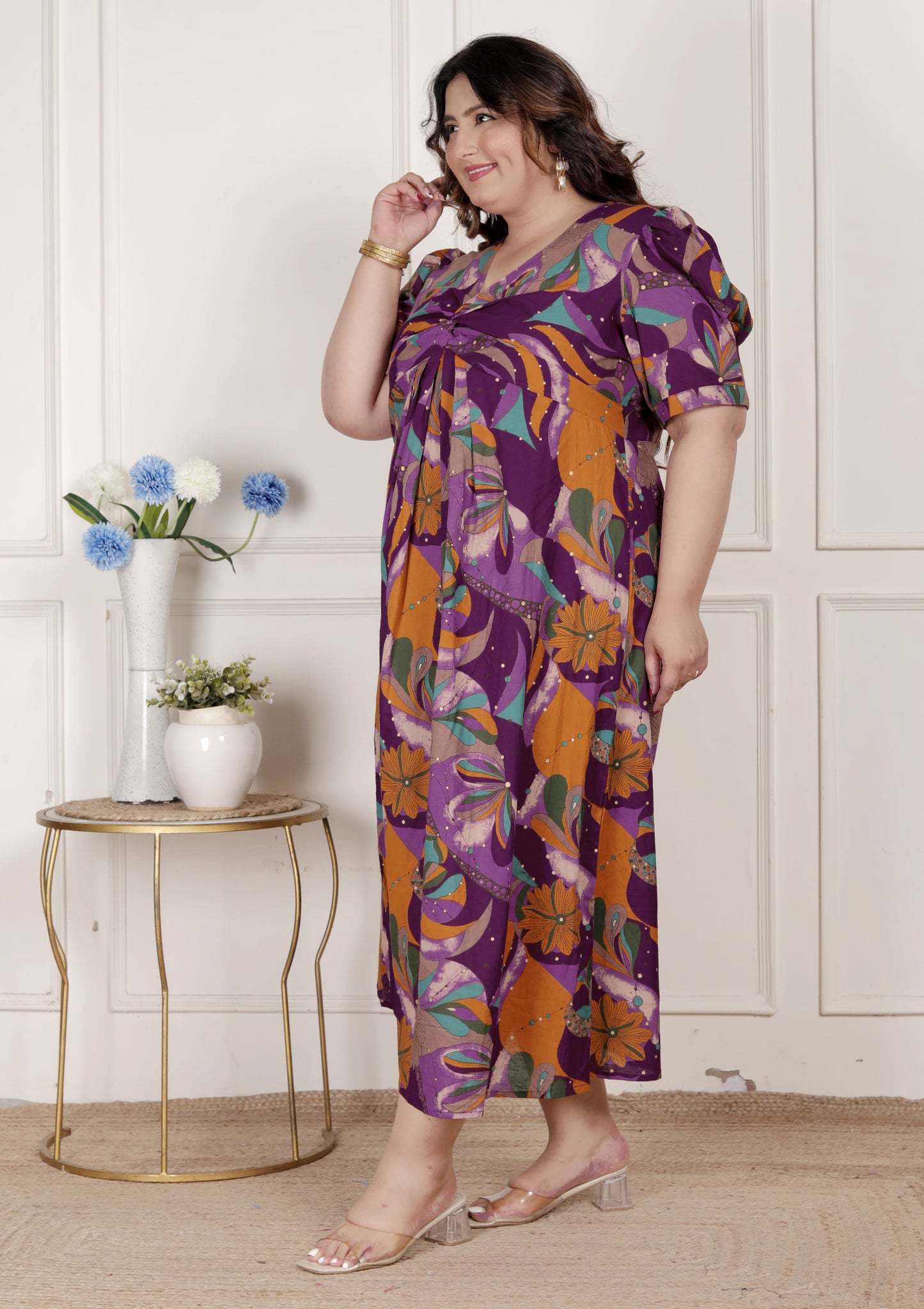 Miravan Womens Plus Size Floral Print Puff Sleeve Pure Cotton Fit Flare Magenta Butterfly Maxi Dress