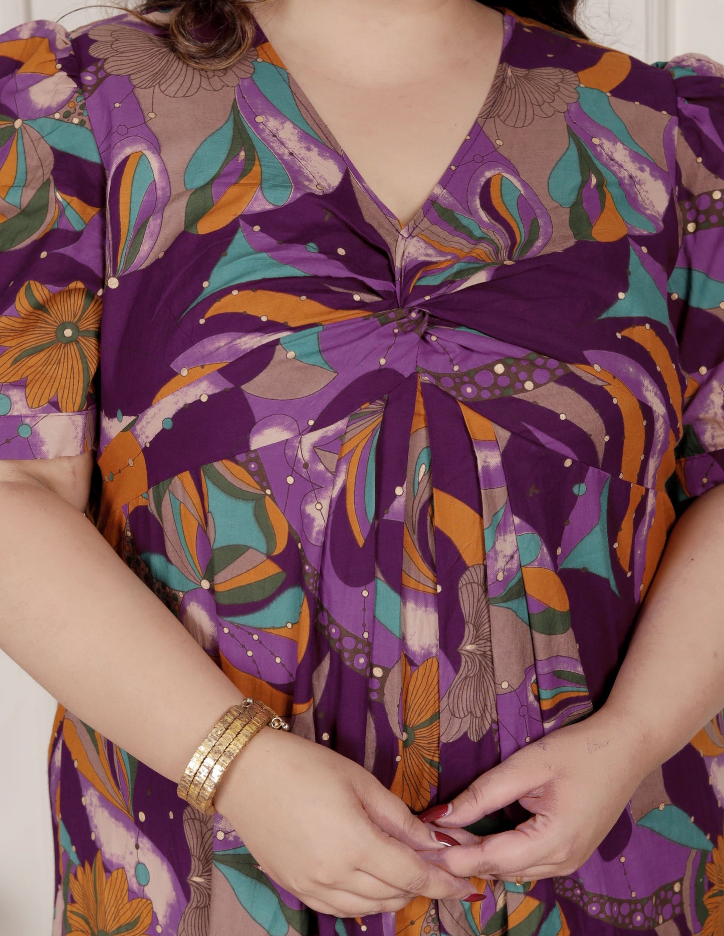 Miravan Womens Plus Size Floral Print Puff Sleeve Pure Cotton Fit Flare Magenta Butterfly Maxi Dress