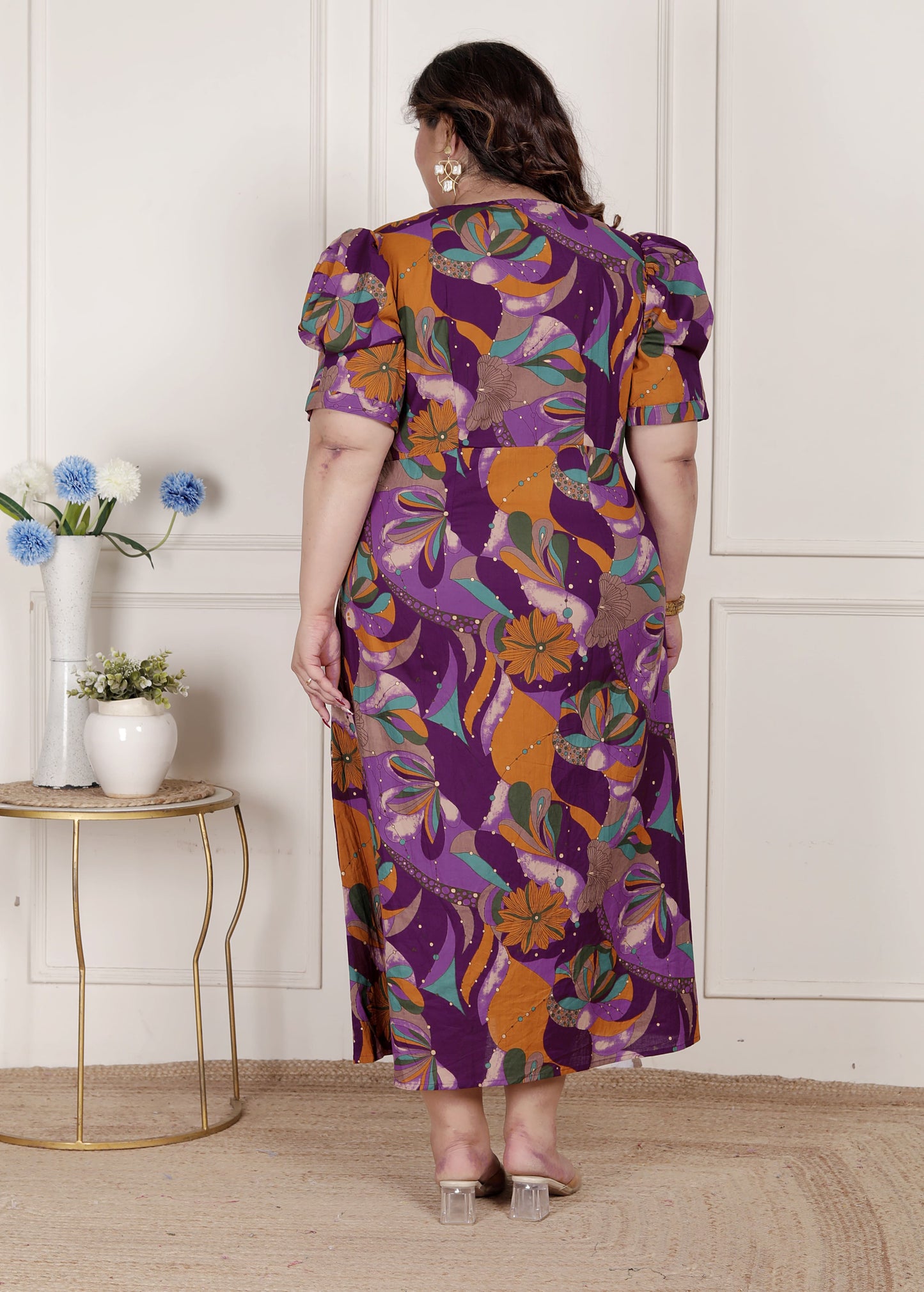 Miravan Womens Plus Size Floral Print Puff Sleeve Pure Cotton Fit Flare Magenta Butterfly Maxi Dress