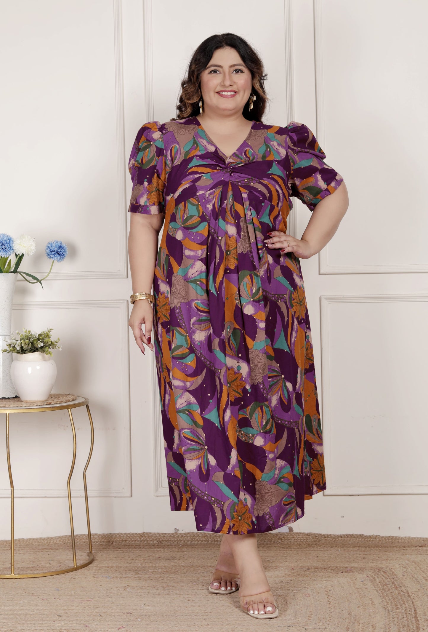Miravan Womens Plus Size Floral Print Puff Sleeve Pure Cotton Fit Flare Magenta Butterfly Maxi Dress