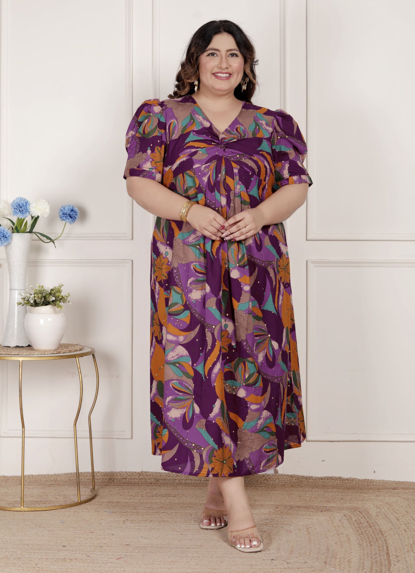 Miravan Womens Plus Size Floral Print Puff Sleeve Pure Cotton Fit Flare Magenta Butterfly Maxi Dress