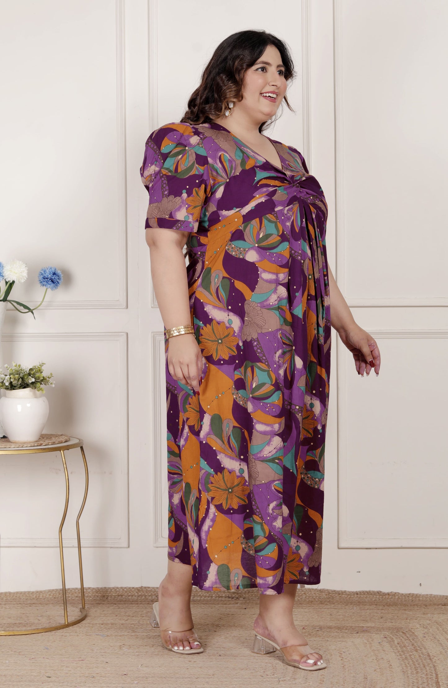 Miravan Womens Plus Size Floral Print Puff Sleeve Pure Cotton Fit Flare Magenta Butterfly Maxi Dress