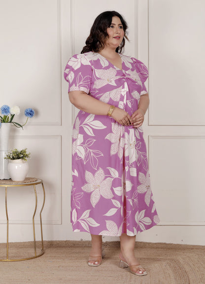 Miravan Womens Plus Size Pink Floral Print Puff Sleeve Pure Cotton Fit Flare Butterfly Maxi Dress