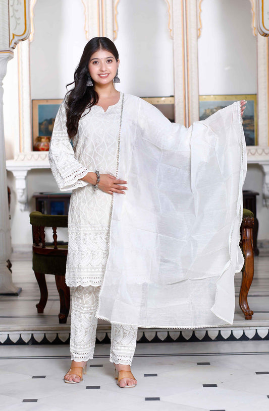 Women's Chikankari Cream Straight Kurta Palazzo With Dupatta Set - Miravan