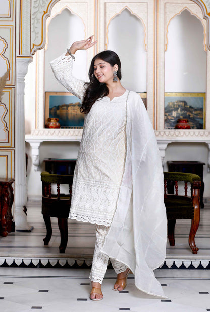 Women's Chikankari Cream Straight Kurta Palazzo With Dupatta Set - Miravan