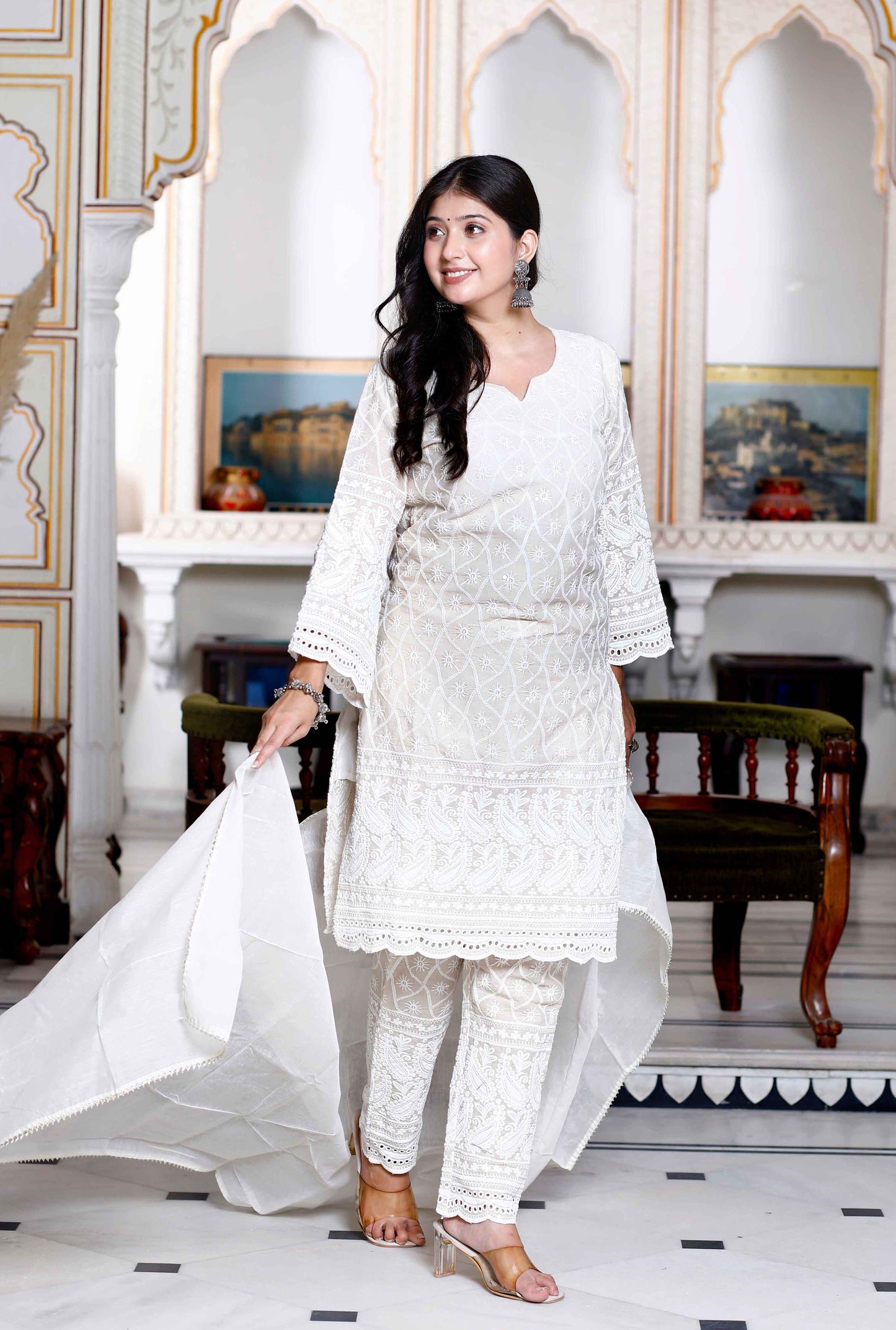 Women's Chikankari Cream Straight Kurta Palazzo With Dupatta Set - Miravan