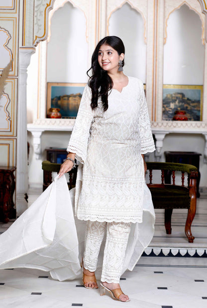 Women's Chikankari Cream Straight Kurta Palazzo With Dupatta Set - Miravan