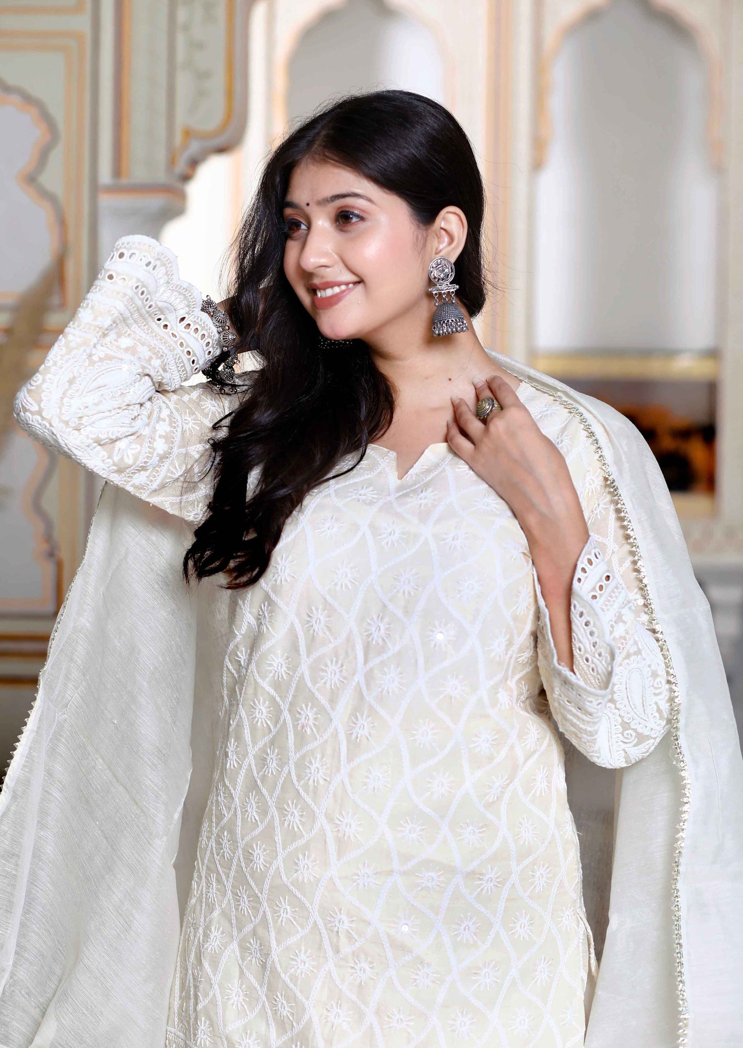 Women's Chikankari Cream Straight Kurta Palazzo With Dupatta Set - Miravan