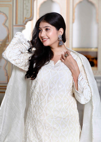 Women's Chikankari Cream Straight Kurta Palazzo With Dupatta Set - Miravan