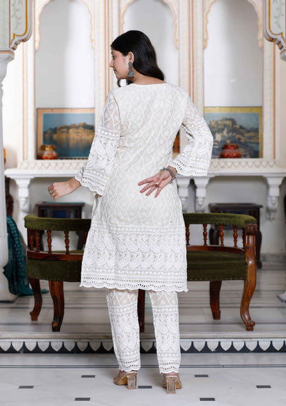 Women's Chikankari Cream Straight Kurta Palazzo With Dupatta Set - Miravan