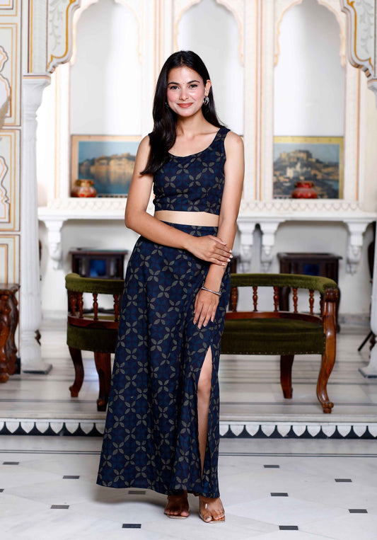 Women's Blue Abstract Print Crop Top And Side Slit A-Line Skirt Co-Ord Set - Miravan