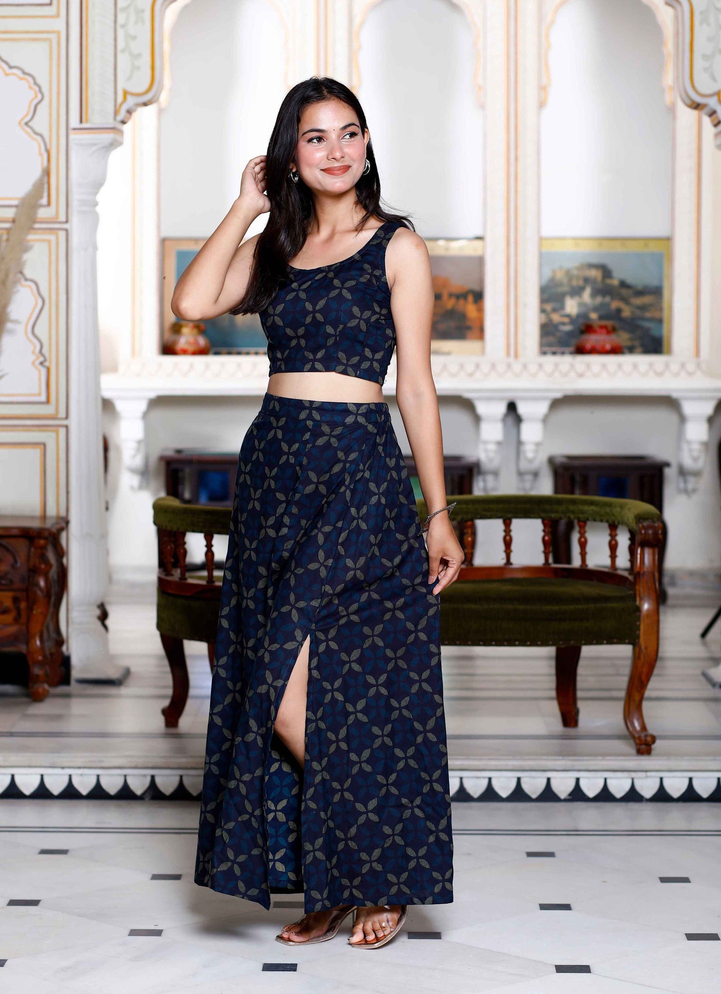 Women's Blue Abstract Print Crop Top And Side Slit A-Line Skirt Co-Ord Set - Miravan
