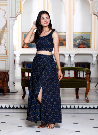 Women's Blue Abstract Print Crop Top And Side Slit A-Line Skirt Co-Ord Set - Miravan