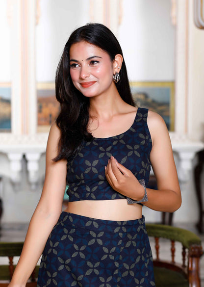 Women's Blue Abstract Print Crop Top And Side Slit A-Line Skirt Co-Ord Set - Miravan