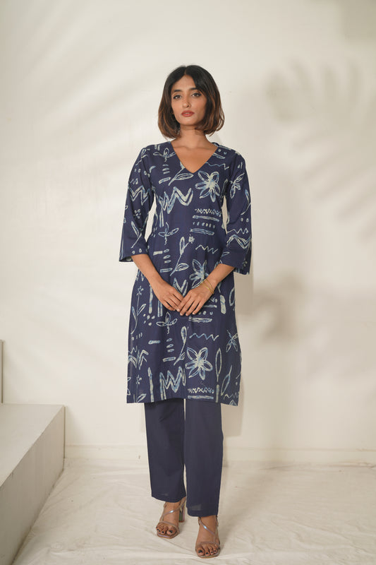 Miravan Womens Abstract Printed Cotton Blue Co-Ord Set