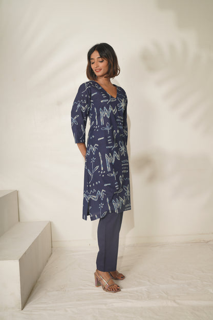 Miravan Womens Abstract Printed Cotton Blue Co-Ord Set