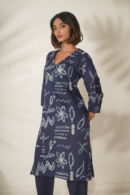 Miravan Womens Abstract Printed Cotton Blue Co-Ord Set