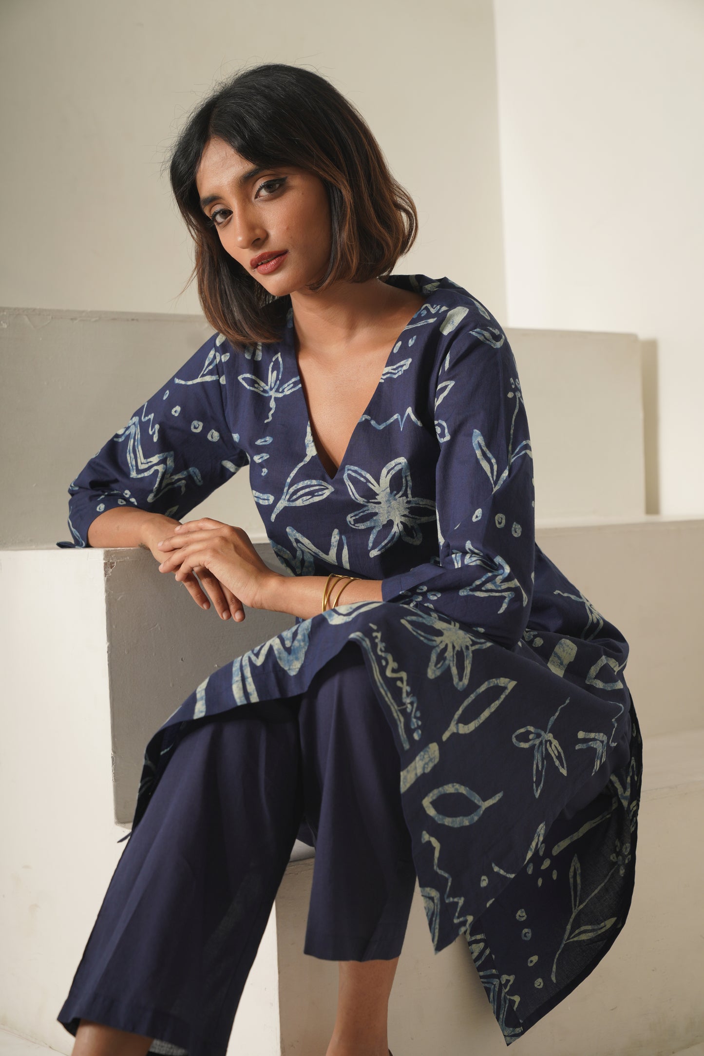 Miravan Womens Abstract Printed Cotton Blue Co-Ord Set