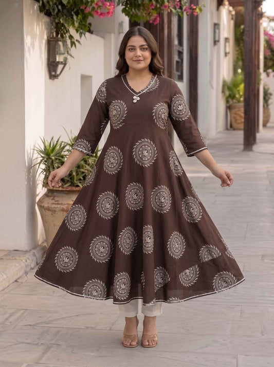 Miravan Womens Plus Size Printed V-Neck Cotton Anarkali Kurta Brown
