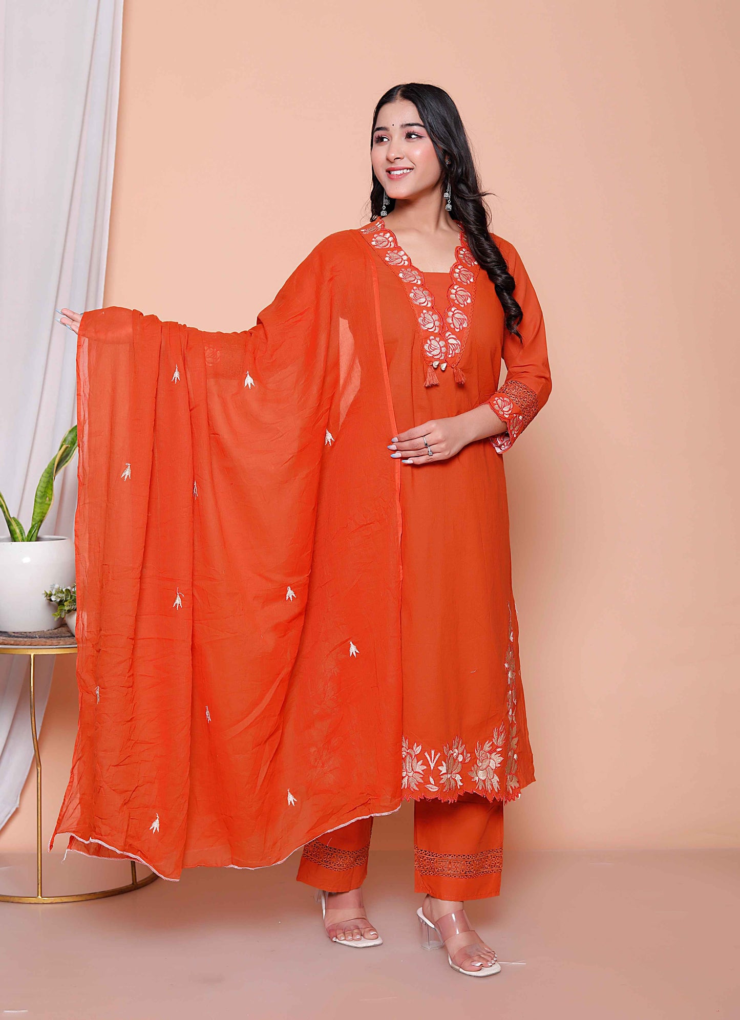Miravan Womens Embroidered Cotton Kurta with palazzo & Dupatta Set