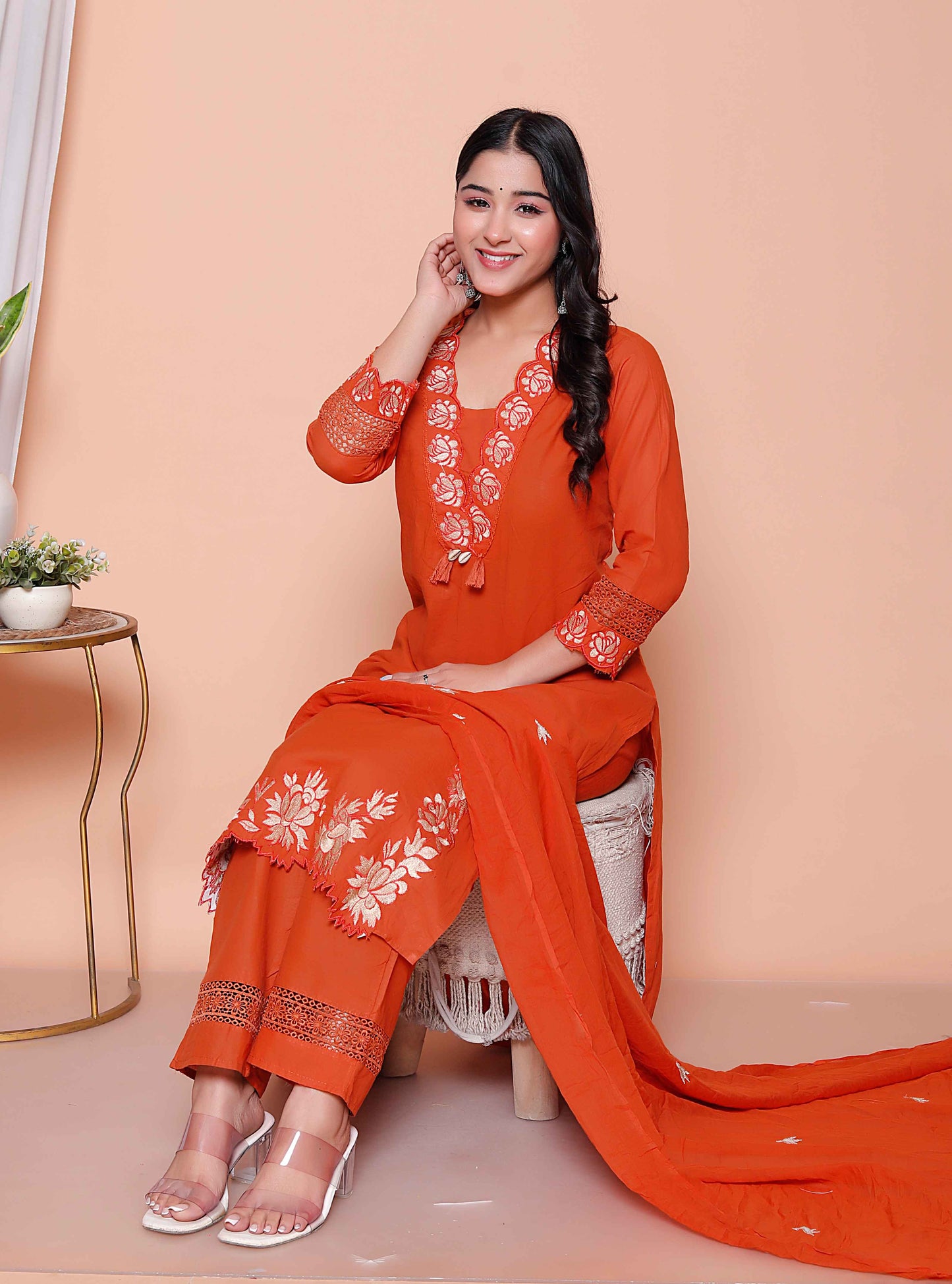 Miravan Womens Embroidered Cotton Kurta with palazzo & Dupatta Set