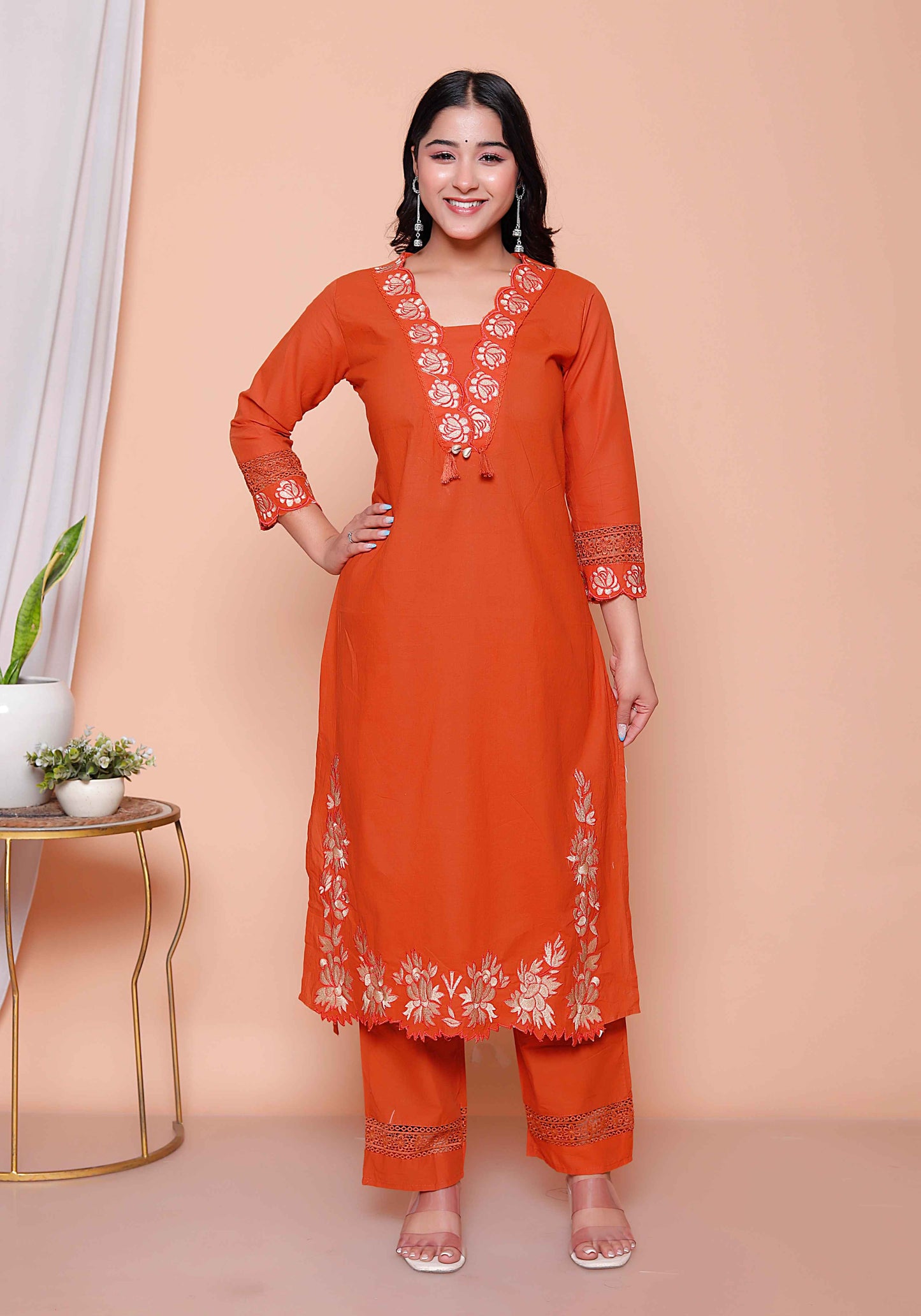Miravan Womens Embroidered Cotton Kurta with palazzo & Dupatta Set