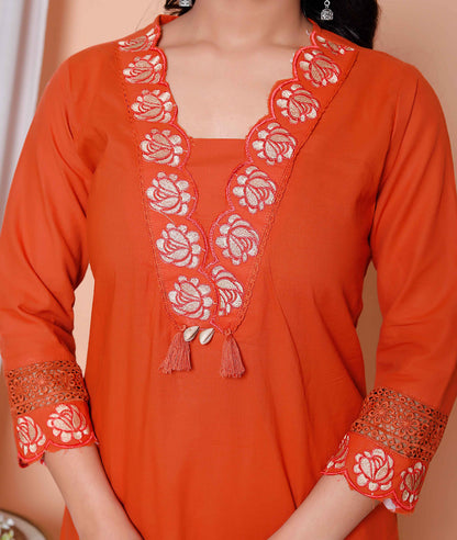 Miravan Womens Embroidered Cotton Kurta with palazzo & Dupatta Set