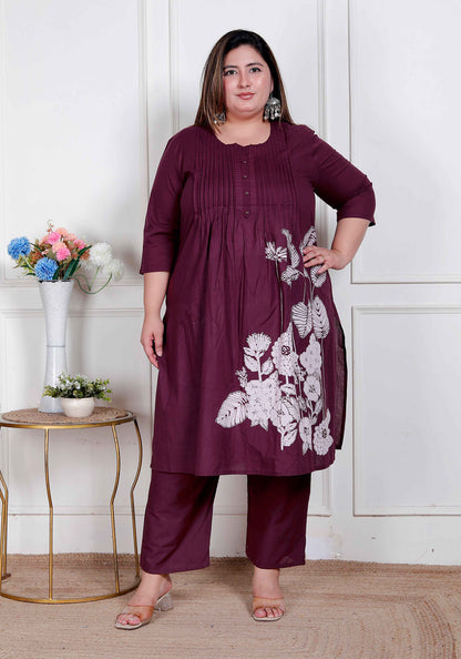 Miravan womens plus size Wine Floral Kurta with Palazzo