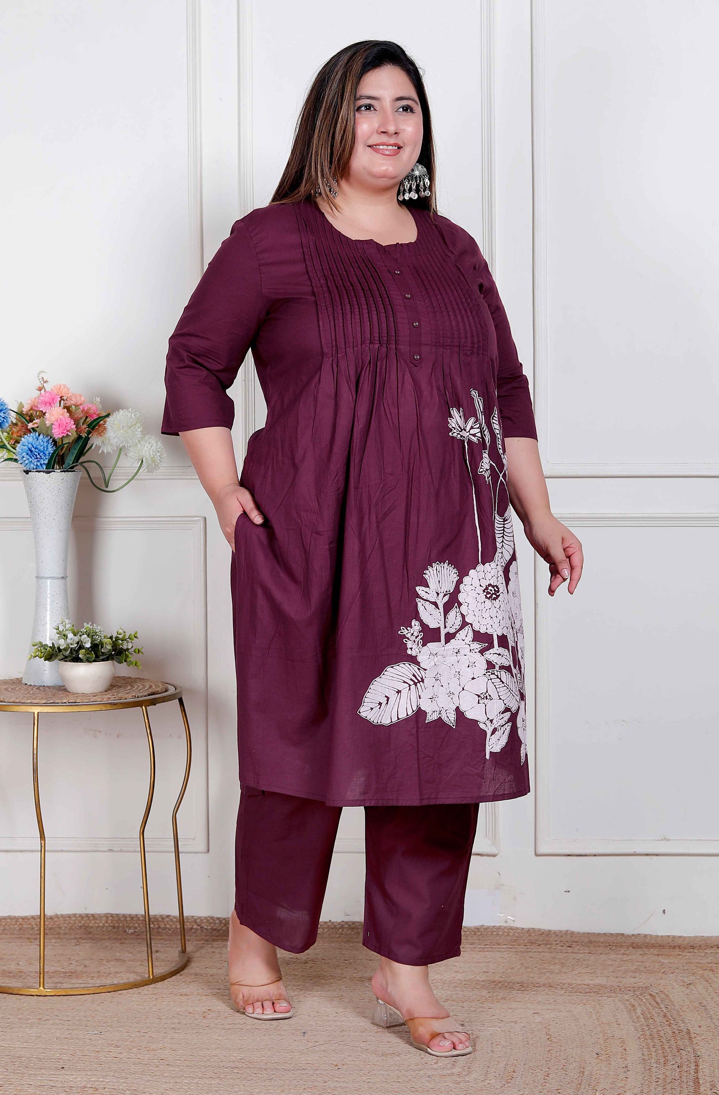 Miravan womens plus size Wine Floral Kurta with Palazzo
