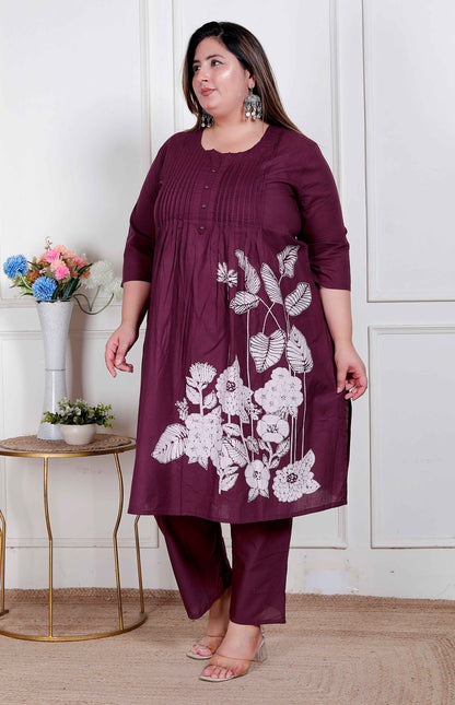 Miravan womens plus size Wine Floral Kurta with Palazzo