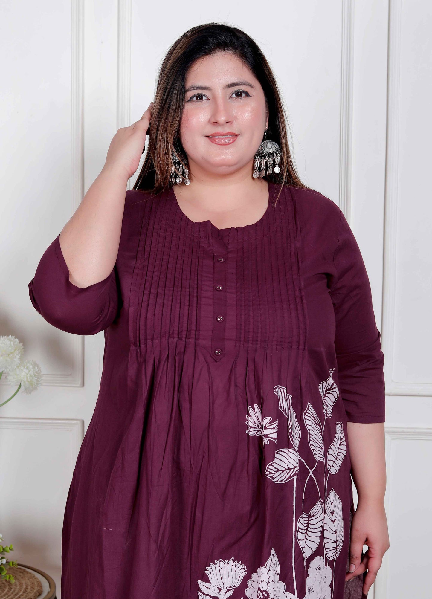 Miravan womens plus size Wine Floral Kurta with Palazzo