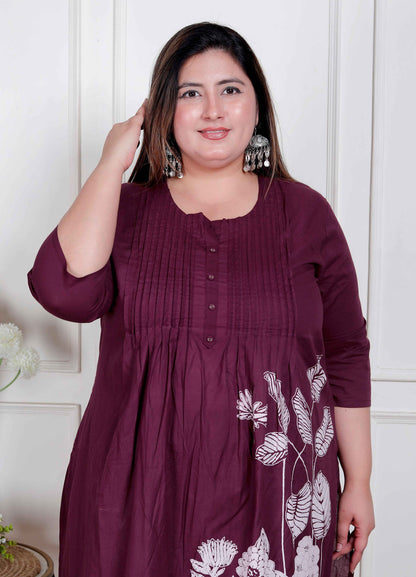 Miravan womens plus size Wine Floral Kurta with Palazzo