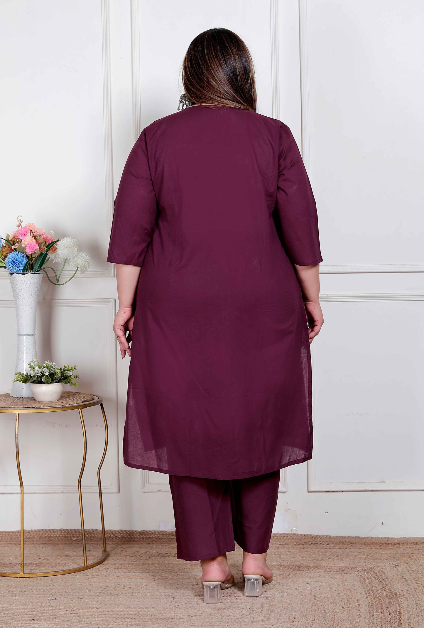 Miravan womens plus size Wine Floral Kurta with Palazzo