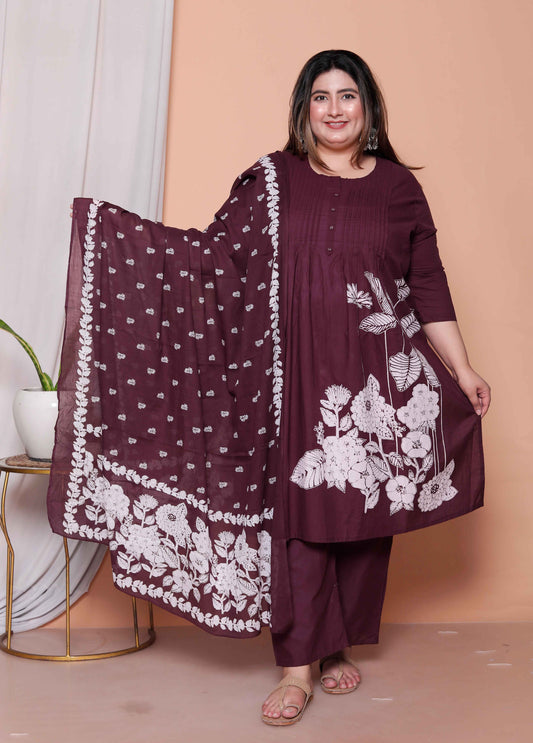 Miravan Womens plus size Wine Floral Kurta with palazzo and Dupatta set